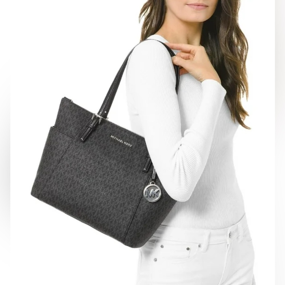Michael Kors Ladies Jet Set Large‎ Logo Top-Zip Tote Bag-Black